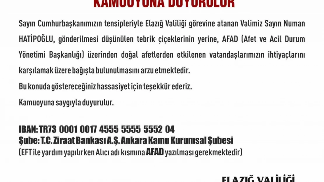 Elazığ'ın yeni Valisi Hatipoğlu, çiçek yerine AFAD'a bağışta bulunulmasını istedi