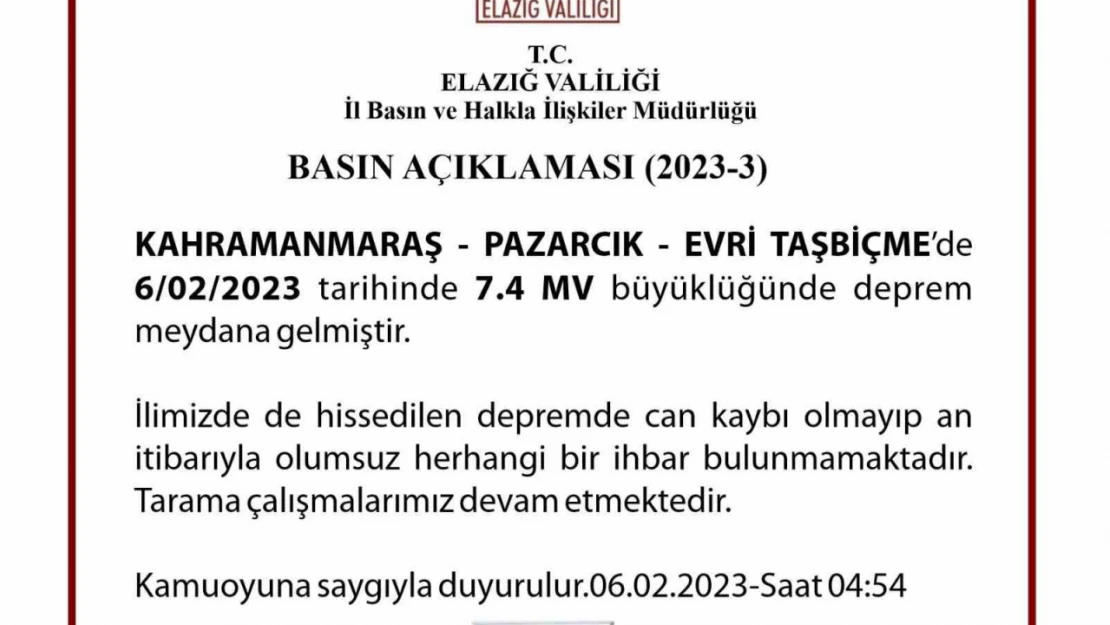 Elazığ Valisi Ömer Toraman: 'Şu ana kadar ilimizde herhangi bir yıkım ihbarı almadık'