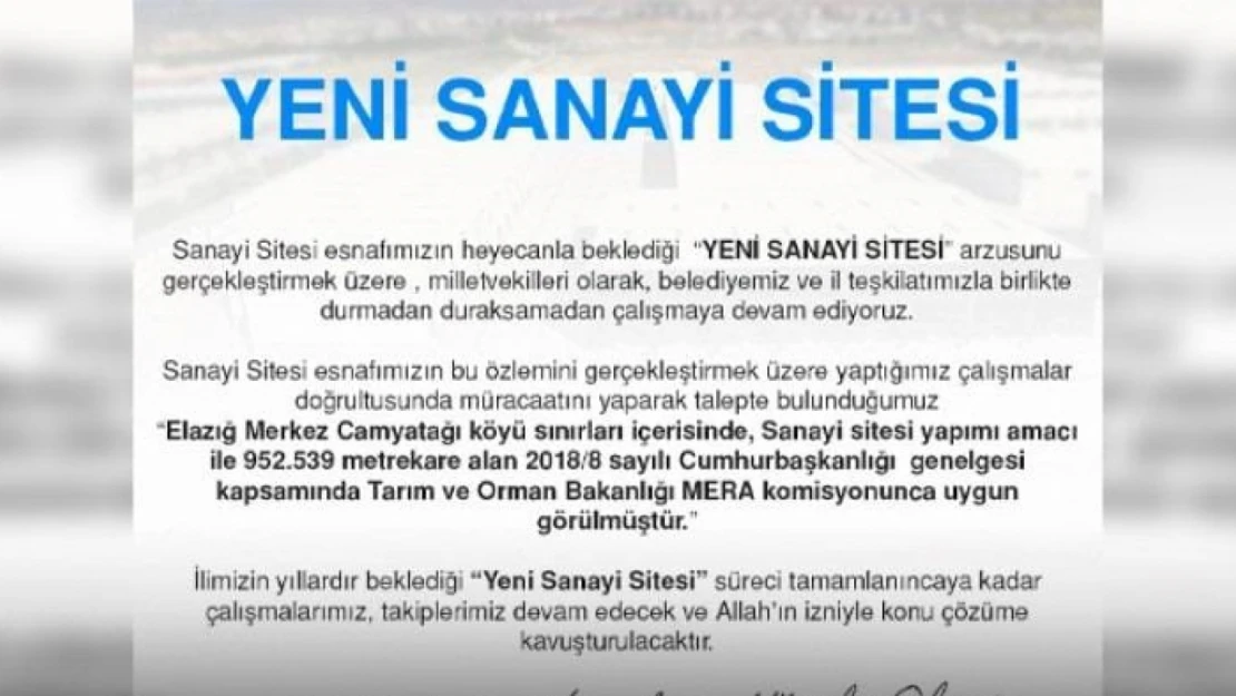 Elazığ yeni sanayi sitesi'nin yeri netleşti