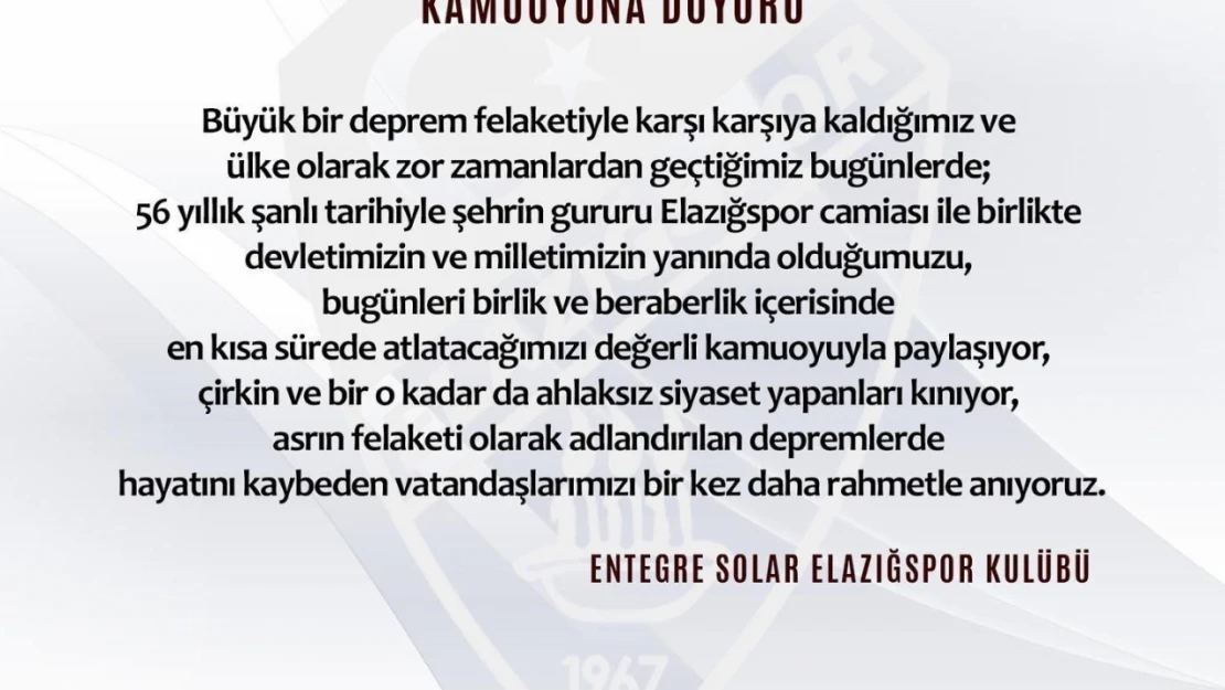 Elazığspor: ''Devletimizin ve milletimizin yanındayız''