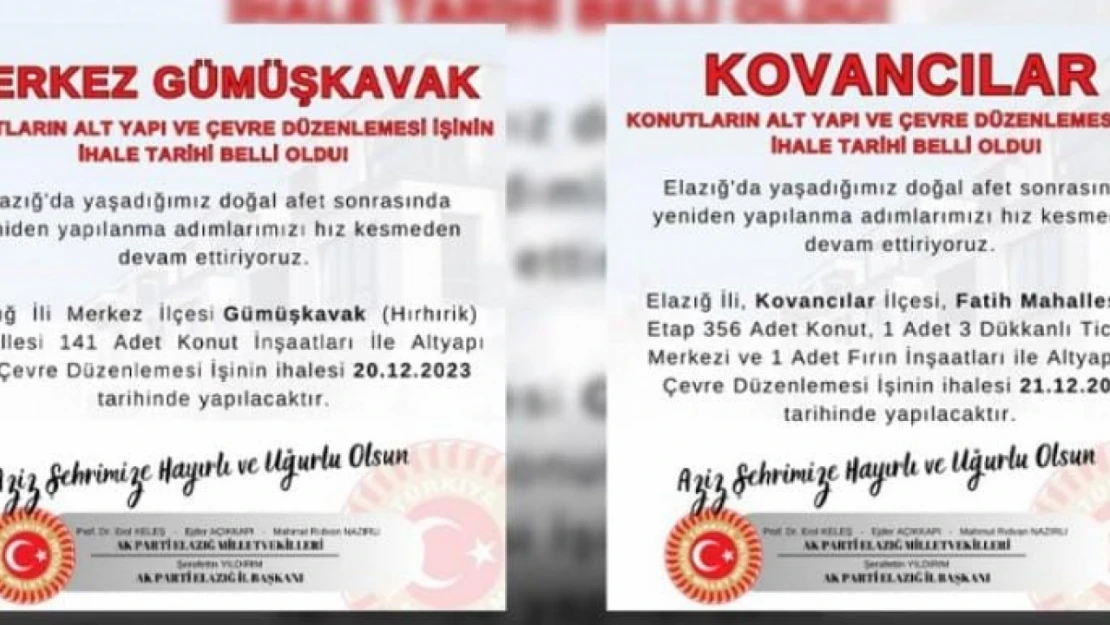 Gümüşkavak ve Kovancılar konut altyapı ihale tarihleri belli oldu