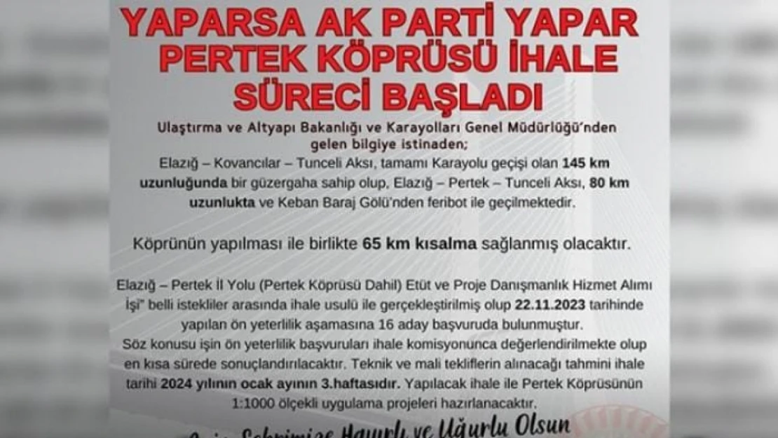 Pertek köprüsü için ihale süreci başladı