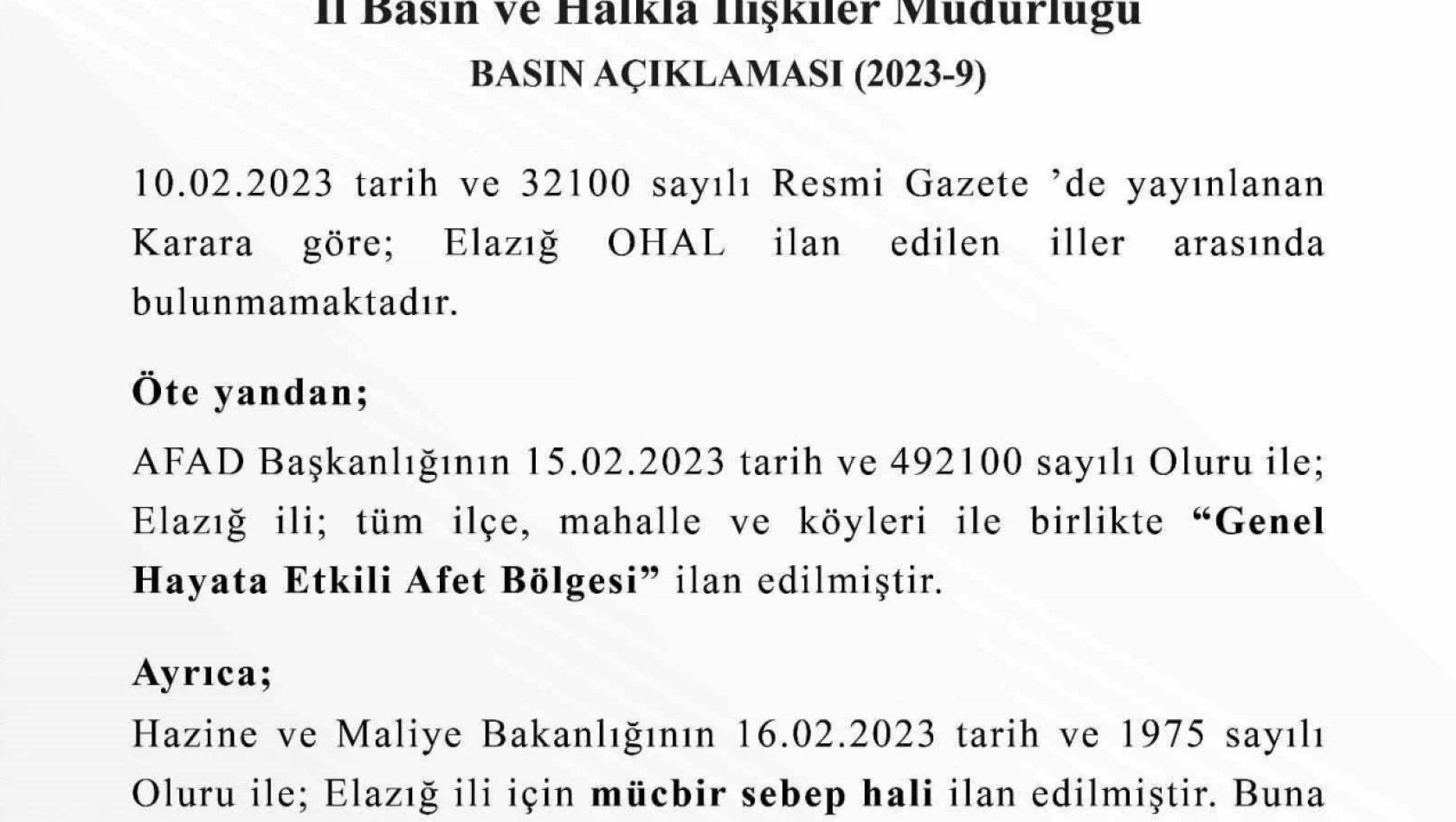 Elazığ Valiliği'nden OHAL açıklaması