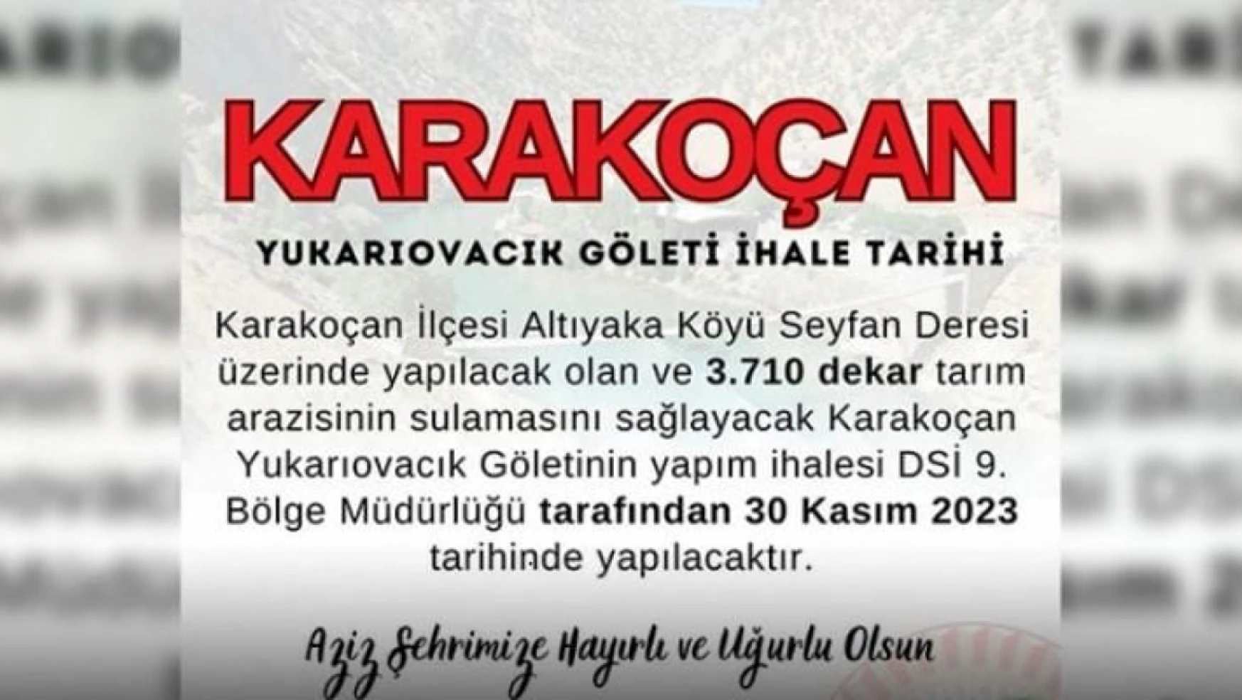 Karakoçan Yukarıovacık göleti'nin ihalesi 30 Kasım'da yapılacak