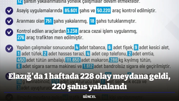 Elazığ'da 1 haftada 228 olay meydana geldi, 220 şahıs yakalandı